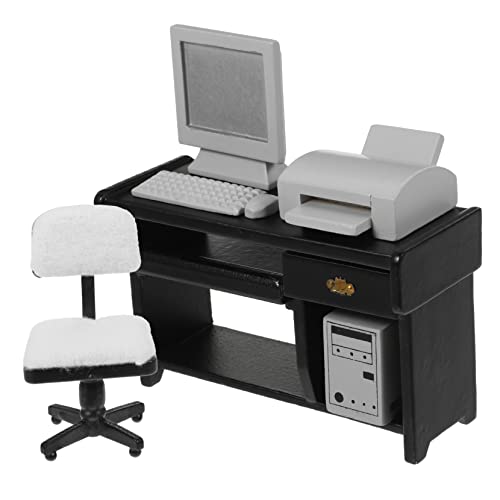 BESPORTBLE 1Satz Büroschreibtisch Schwarzes Möbelset Mit Computer Tastatur Hauptgerät Und Drucker Für Puppenhaus Mini Möbel Für Kreative Spielwelten von BESPORTBLE