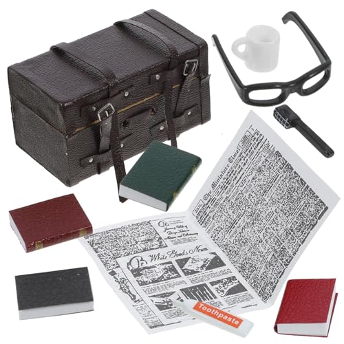 BESPORTBLE 1Satz Gepäckbox Set Aus Holz Für Puppenhaus Accessoires Für Spielzeugkoffer Zahnbürste Zahnpasta Und Zeitungsset Vintage Design Für Kreative Rollenspiele von BESPORTBLE