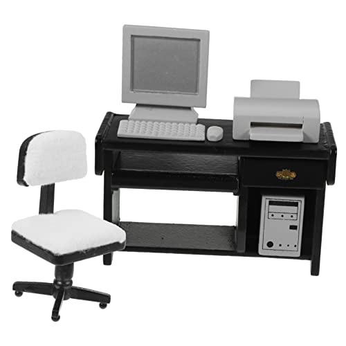 BESPORTBLE 1Satz Puppenhaus Zubehör Schreibtisch Mit Computer Tastatur Drucker Und Stühlen Büroeinrichtung Für Puppenhaus von BESPORTBLE