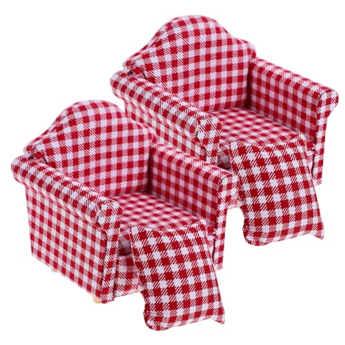 BESPORTBLE 2 Stück Miniatur Holzsofa für Puppenhaus Rotes und Weißes Karomuster Einzelsofa mit Kissen Handgefertigt für Dekoration und Kreatives von BESPORTBLE