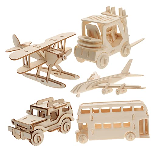 BESPORTBLE 5Stücke Teiliges Holzspielzeug Bildungsspielzeug Holzrätsel für DIY Modellbau Wasserflugzeug Passagierflugzeug Bus Gabelstapler Frühkindliche von BESPORTBLE