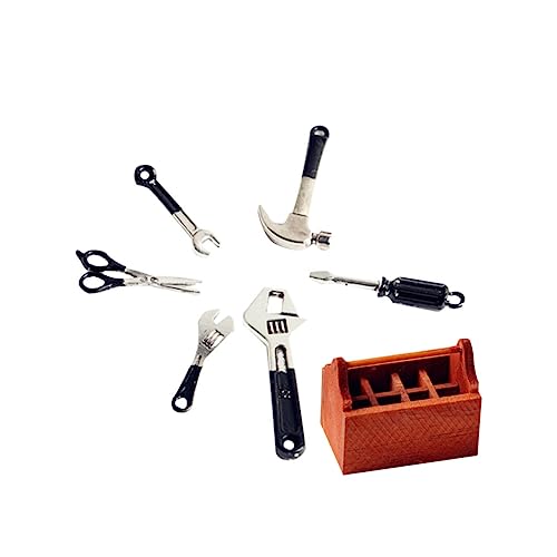 BESPORTBLE 7 Stück Teiliges Mini Werkzeugkasten aus Langlebiger Legierung mit Mini Hammer und Schraubenschlüssel Holzbox zur Aufbewahrung Leichtes Puppenhaus Zubehör für Micro Welt von BESPORTBLE