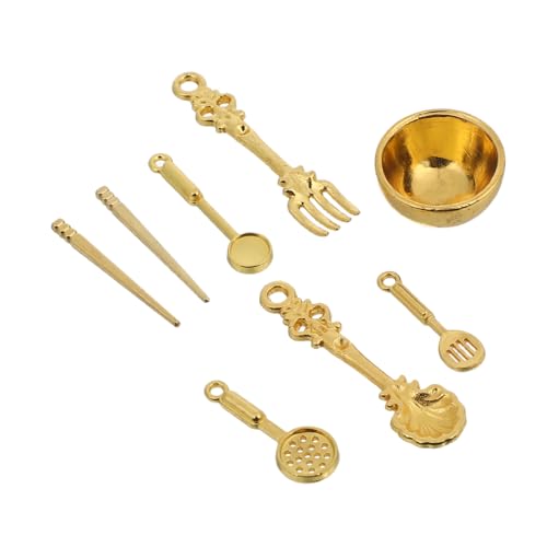 BESPORTBLE 8-teiliges Miniatur-schüssel- Und Besteckset Mit Und Löffel, Puppenhaus-dekorationszubehör, Miniatur-kochgeschirr-zubehör Für Spiellebensmittelspielzeug, Golden von BESPORTBLE