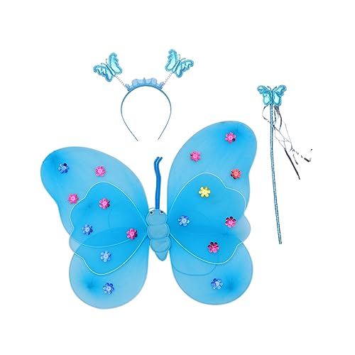 BESPORTBLE Doppellagige Schmetterlingsflügel Schmetterlingskostüm Schmetterlingskostüm Kinderfeenflügel Prinzessinnenfeenkostüme Mädchenflügelkostüm Schmetterlingsstirnband Blaues Tuch von BESPORTBLE