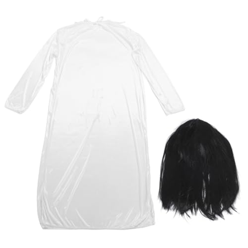 BESPORTBLE Horribles Cosplay Kostüm Damen Weißes Ghost Bride Kleid Halloween Horror Tanzparty Outfit mit Schwarzer Perücke für Karneval und Gruselige Verkleidungen von BESPORTBLE