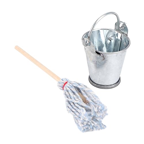 BESPORTBLE Maßstab Metall Silberner Eimer und Holzmopp DIY Dekoration für Kleine Häuser Detailreiche Mini Möbel für Kreative Miniaturszenen von BESPORTBLE