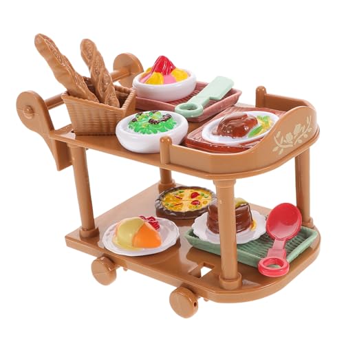 BESPORTBLE Miniatur Puppenhaus Küchenwagen mit Lebensmittelechten Kunststoffspielzeug Lebensmittelset für Rollender Essenswagen mit Obst Saft Milch Dessert für Kreatives Rollenspiel und von BESPORTBLE