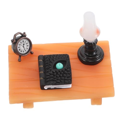 BESPORTBLE Miniatur Schreibtisch Set für Puppenhaus mit Bücherregal Wecker und Lampe Teiliges DIY Möbelmodell Kompakt Vielseitig für Puppenhausdeko und Kreative Bastelprojekte von BESPORTBLE