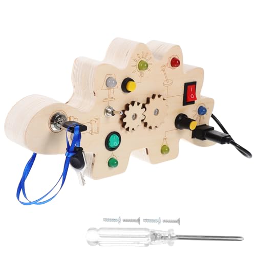 BESPORTBLE Sensorisches Montessori Busy Board Dinosaurier Holzspielzeug mit LED Lichtern Getriebesimulation und Elektronischem Schalter Pädagogisches Lernspielzeug für Kleinkinder von BESPORTBLE