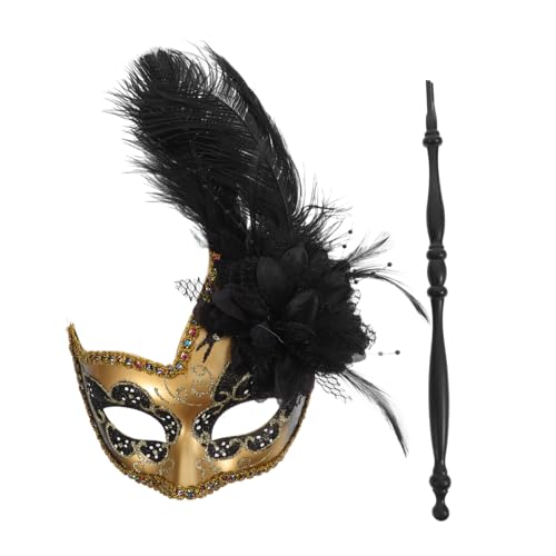 BESPORTBLE Venezianische Maske Mit Stick Für Damen Kostümmaske Mit Federn Für Karneval Fasching Halloween Partys Stilvolle Augenmaske Für Maskerade Cosplay von BESPORTBLE