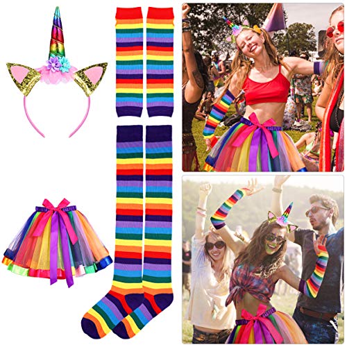 BESTOYARD Rainbow Tutu Rock Kit Bunte Einhorn Stirnband Lange Handschuhe Strumpf Hosenträger Kostüme Zubehör Set Karneval Liefert (Erwachsene) von BESTOYARD