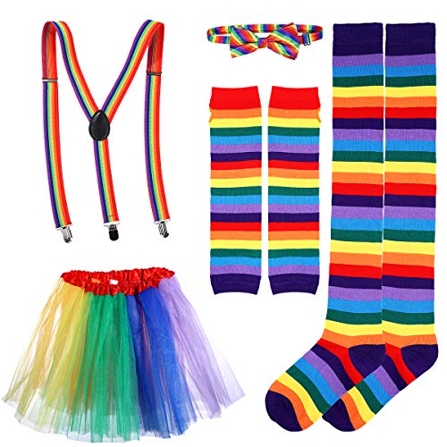 BESTOYARD Regenbogen Kostüm Sets Tutu Rock Fliege Hosenträger Lange Socken Handschuhe Cosplay Party Kostüm für Erwachsene 7 Stück (Bunt) von BESTOYARD