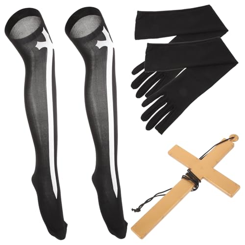 BESTYASH 1 Satz Karnevalsnonnen-Set Nonne Kostüm Handschuhe Heiliger Mönch Kostüm Gothic-Kleidung Halsketten Schenkelsocken Nonnenhandschuhe das Kreuz Lieferungen Hut Damen von BESTYASH