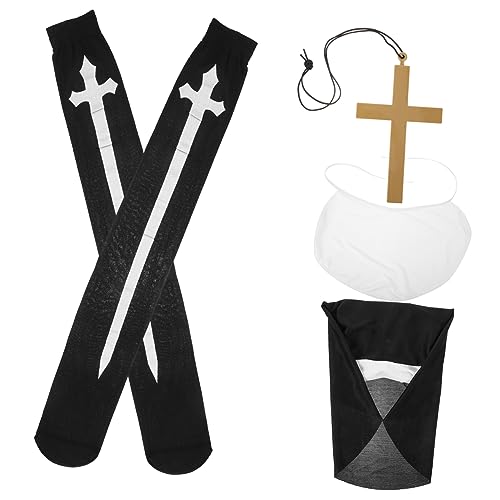BESTYASH 1satz Halloween Nonnen Kostüm Mit Kopfdeckel Kragen Kreuz-halskette Und Überknielangen Socken Für Cosplay Bühnenauftritte Und Fotografie Langlebig Und Bequem von BESTYASH