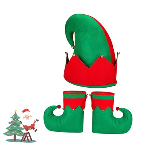 BESTYASH 3St Weihnachtselfschuhe und -hüte Elfenmütze aus Stoff Ballkostüm pantumblas de mujer Kleider Weihnachtsfeier Weihnachtsmütze Cosplay Kleidung Schuhe und Hüte Hut Elfenschuhe rot von BESTYASH