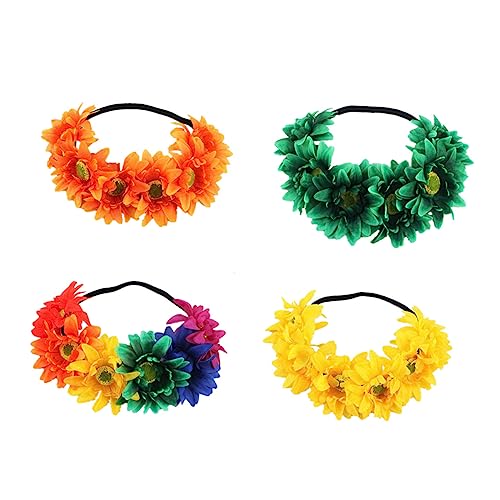BESTYASH 4 Stück Teiliges Hawaiianisches Haarband mit Sonnenblumenblüten Farbige Blumenkranz Stirnbänder für Strandpartys Fotorequisiten und Cosplay Dekorationen Dunkelgrün Gelb Orange von BESTYASH