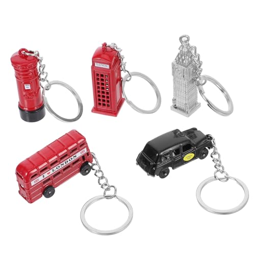 BESTYASH 5pcs London Telefonstandkastenschlüsselkäse Red Double Bus Keyring 3d Red Telephone Box Mailbox Taxi -schlüsselkette London Souvenir Metall Keyring von BESTYASH