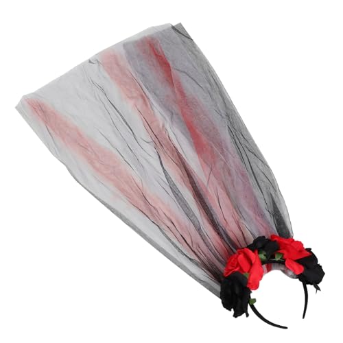 BESTYASH Halloween Haarschmuck Damen Haarreif mit Schwarzer Roter Rosenblüte und Langem Tüll Schleier Party Headwear für Karneval Festival und Kostümfest von BESTYASH