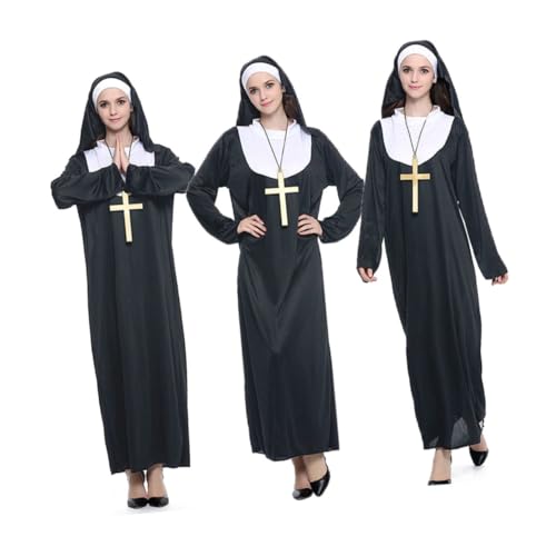 BESTYASH schwarzes Gewand Nonne Kostümzubehör Halloweenkostüm Robe für Frauen Damengewand Nonnenkostüm für Damen Halloween-Kostüme für Frauen bilden Kleidungsset kreuzen von BESTYASH