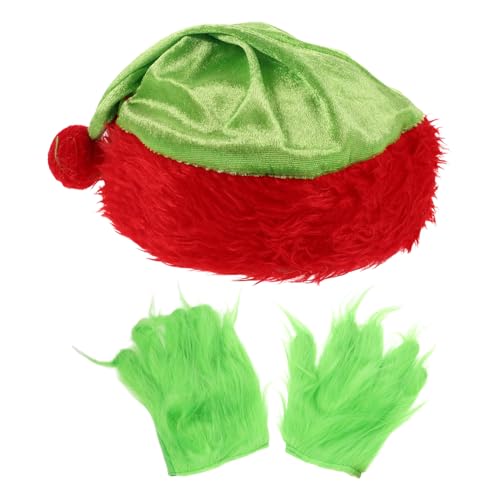 BESTYASH Santa Mütze und Grüne Monsterhandschuhe Set Kuschelige Cosplay Requisiten für Halloween und Weihnachtsfeiern Auffälliges Kostümzubehör für Erwachsene von BESTYASH