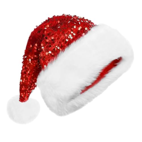 BESTYASH Weihnachtsmütze mit Pailletten Doppellagig und Warm Kuscheliger Plüschrand Glitzernde Santa Mütze für Erwachsene und Festliche Weihnachtsfeier und Neujahr Rot von BESTYASH