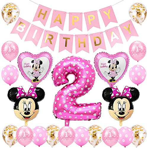Minnie Luftballons, 2. Geburtstag Dekorationen für Mädchen Minnie Themed Geburtstag Dekorationen Minnie Party Supplies mit Minnie Kopf Ballons, Happy Birthday Garland von BESTZY