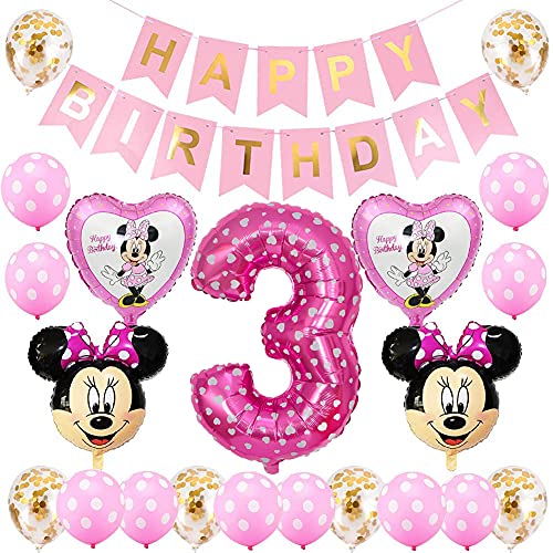 Minnie Luftballons, 3. Geburtstag Dekorationen für Mädchen Minnie Themed Geburtstag Dekorationen Minnie Party Supplies mit Minnie Ballons, Happy Birthday Garland für 3. Geburtstag von BESTZY