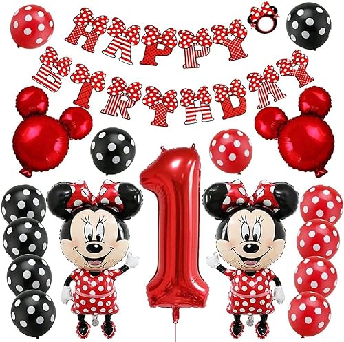Minnie Party Luftballons, Minnie1st Geburtstag Themed Dekorationen Minnie Mickey Geburtstagsdeko Luftballons Happy Birthday Banner Folienballon Kindergeburtstag Party Supplies von BESTZY