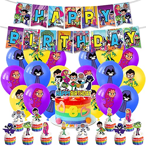 Titans Go of Teen Geburtstag Dekorationen, BESTZY Titan Geburtstagsparty Set, Cartoon Party Ballons Inklusive Happy Birthday Banner, große Kuchenaufsätze, Luftballons, Cupcake Topper von BESTZY