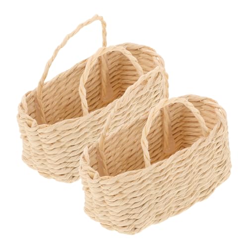 2Stücke Mini Rattankorb Beige Gewebte Puppenhaus Körbe mit Griffen Dekorative Mini Gartenkörbe für Feengarten und Mikro Landschaftsdekoration von BESTonZON