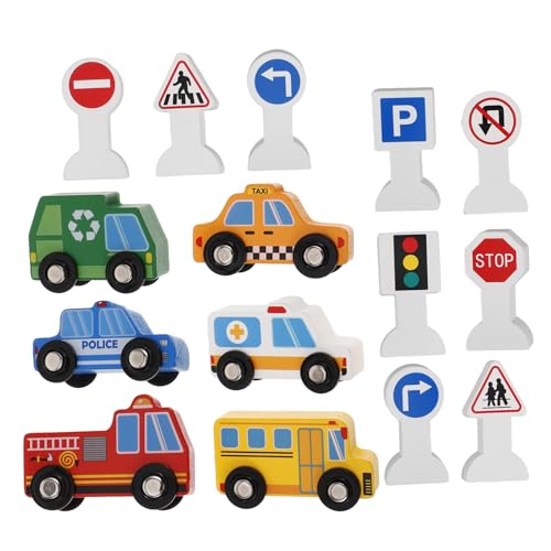BESTonZON 1 Satz Holzfahrzeuge und Verkehrsschilder für Straßenbau mit Verkehrszeichen Sicheres Interaktives Lernspielzeug für Kleinkinder und Junge Mädchen Fördert Kreativität und von BESTonZON