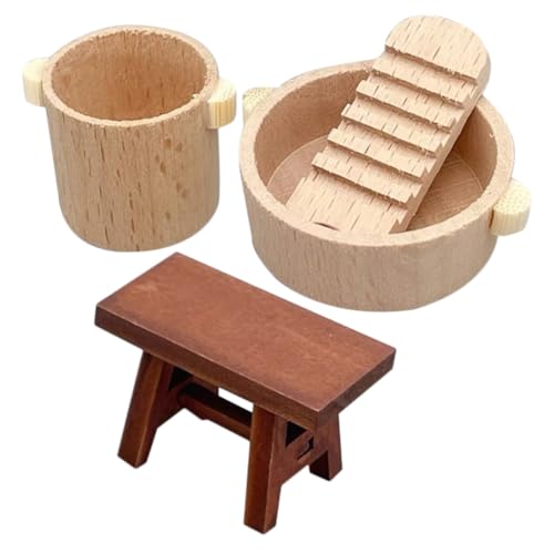 BESTonZON 1 Satz Miniatur Waschbrett für Puppenhaus Teiliges Deko mit Waschbecken Eimer und Hocker Holzaccessoires für Kinderzimmer und DIY Miniaturprojekte von BESTonZON