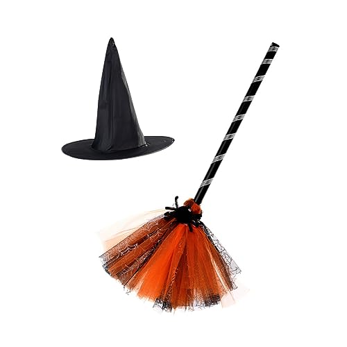 BESTonZON 1 Satz Zauberhut Besen Hexenbesen Tür böser Hexenhut Hexenkostüm Halloween Dekoration Halloween-Dekoration dekorative Hutbesenstütze Zubehör für Partykostüme Gittergewebe Orange von BESTonZON