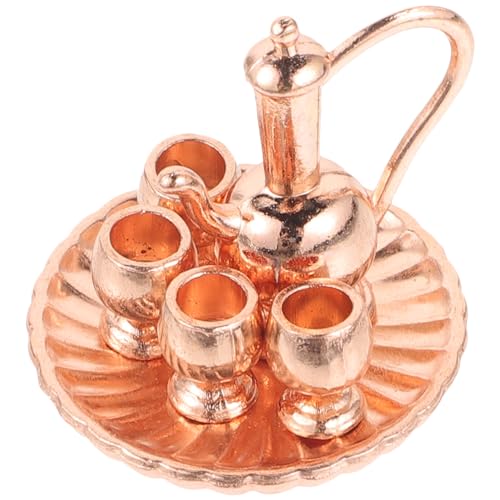 BESTonZON 1 Set Mini Teeservice Tassenhaus Wasserkocher DIY Party Miniatur Lebensmittelkorb Topf Kaffeetisch Rollenspiel Mini Küchenzubehör Legierung Gold von BESTonZON