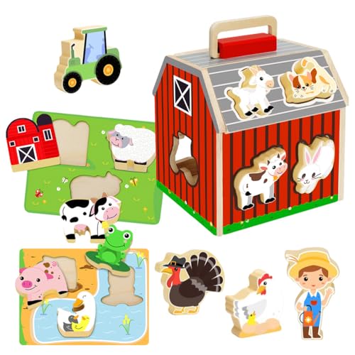 BESTonZON 1 Set Montessori-Spielzeug: Holzpuzzle für Kinder aus der Scheune – Frühlernspielzeug zur Erkennung von Formen, Farben und Zahlen für den Kindergarten und den Heimgebrauch von BESTonZON