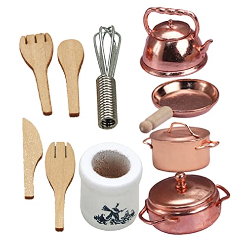 BESTonZON Puppenhaus 10 Teiliges Set Küchenutensilien Für Puppenhaus DIY Zubehör Für Miniaturküche Wasserkocher Messer Gabeln Töpfe Und Pfannen Ideal Für von BESTonZON