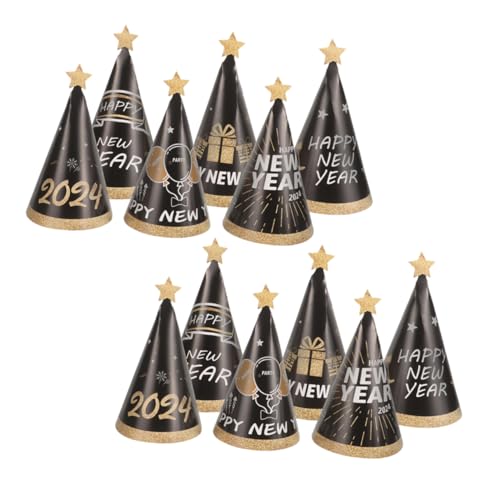 BESTonZON 12 Stück Teiliges Silvester Party Papierhüte mit Neujahrswünschen Bunte Kegelhüte als Fotorequisiten und Partydeko für Erwachsene und Festliche Neujahrsfeier Accessoires von BESTonZON