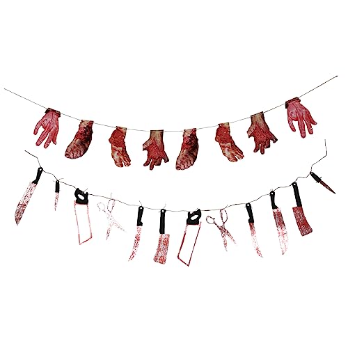 BESTonZON 2 Sätze Halloween-String-flaggen Wettbewerb Halloween- Im Freien Kostüm Blutig Körper Halloween-Hintergrund Tür Aufkleber Halloween Hängende Messer Blut Girlande Hanfseil von BESTonZON