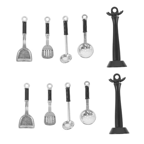 BESTonZON 2 Sätze Miniatur Küchenutensilien mit Stabilem Metallständer Miniatur Kochlöffel Pfannenwender Schöpflöffel und Sieb Dollhouse Küchenzubehör für Puppenhaus Dekoration von BESTonZON