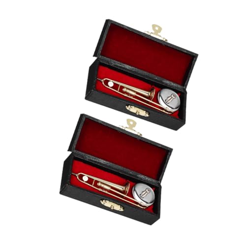 BESTonZON 2 Sätze Miniatur Posaune Modell mit Ständer und Etui Detailgetreues Mini Blasinstrument für Puppenhaus Dekoration Sammler und Musiklehrer Teiliges von BESTonZON