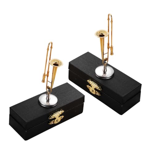 BESTonZON 2 Sätze Miniatur Posaunen Modell Teilig mit Schwarzem Etui und Ständer Detaillierte Mini Musikinstrument Deko für Puppenhaus Schule Tragbare Metallornamente von BESTonZON