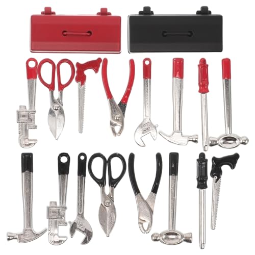 BESTonZON 2 Sets Puppenhaus-Werkzeugkasten: Puppenhaus-Reparaturwerkzeug-Set – Miniatur-realistischer Hammer, Zange, Schraubenschlüssel, Schraubendreher mit Box für Puppenhaus-Dekoration von BESTonZON