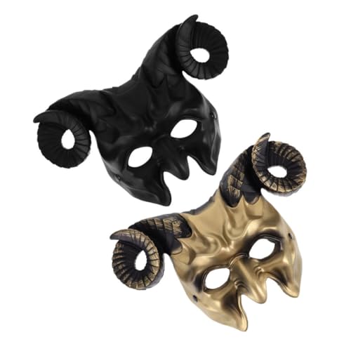 BESTonZON 2 Stück Halloween Ziegen Schädelmaske mit Realistischen Widderhörnern Halbe Gesichtsbedeckung aus Leichtem Pr Unisex für Kostüm Maskenball Cosplay Gold und Schwarz von BESTonZON