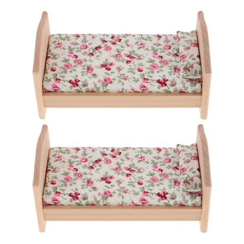 BESTonZON 2 Stück Mini-Puppenhausbett: Miniatur-Einzelbett aus Holz für Puppenhaus-Schlafzimmermöbel-Zubehör mit Bettwäschestoff von BESTonZON
