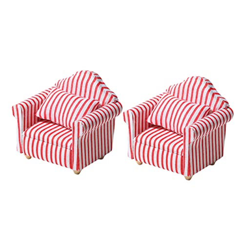 BESTonZON 2 Stück Teiliges Mini Sofa Set für Puppenhaus Rote und Weiße Streifen Zubehör für Kleinkinder und Miniaturmöbel Fördert Kreativität und Fantasie von BESTonZON