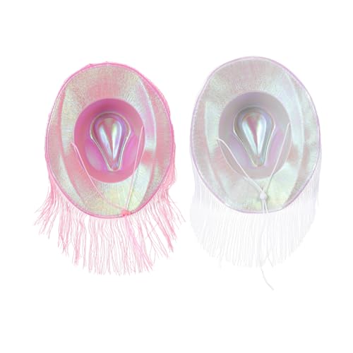 BESTonZON 2 Stück Western Cowboy Hüte mit Verstellbaren Fransen in Weiß und Glitzernder Western Stil für Festival Halloween Karneval Cosplay und Themenpartys Unisex Accessoire für Damen und von BESTonZON