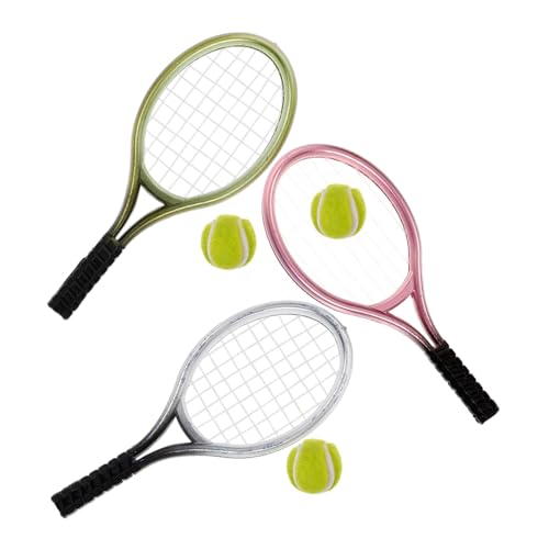 BESTonZON 3 Sätze Miniatur Tennis Schläger Teilig mit Bällen Kunststoff Miniatur Sport Deko für Puppenhaus Schlafzimmer Wohnzimmer von BESTonZON