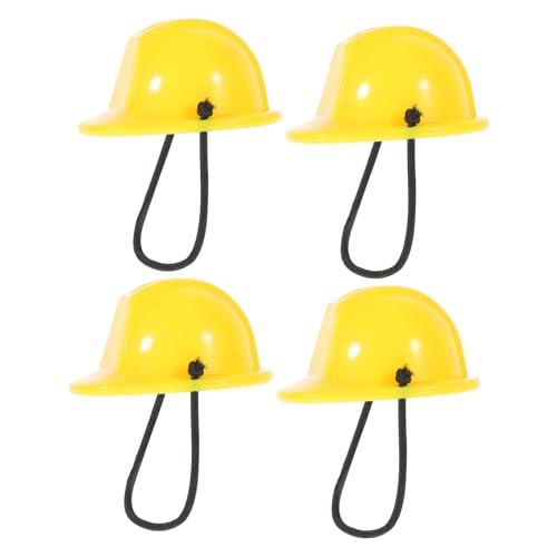 BESTonZON 4 Stück Miniatur Bauarbeiterhelme Gelb Mini Schutzhelme für Puppenhaus Deko Robuste Mini Sicherheitshelme mit Federschnur für Bau Themenpartys und DIY Zubehör von BESTonZON