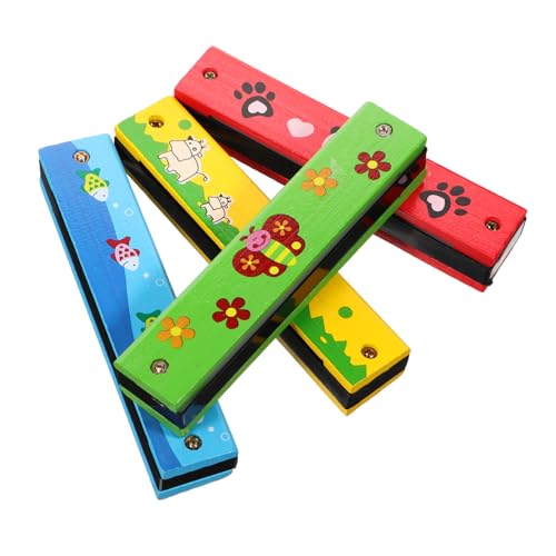 BESTonZON 4 Stück Teiliges Holz Mundharmonika Set für Einfache Handhabung Tragbares Musikspielzeug Frühkindlichen Musikausbildung Kreatives Design mit Bunten Tiermotiven für Kindergarten und von BESTonZON