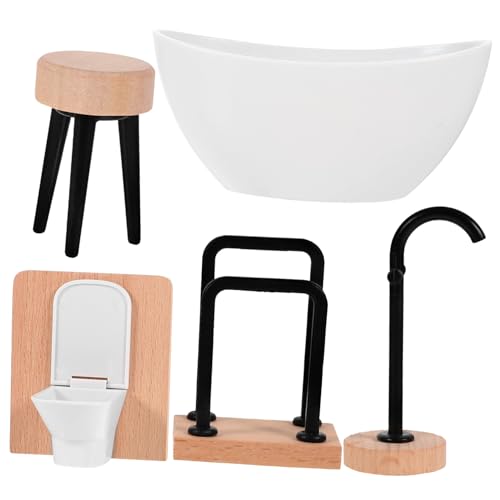 BESTonZON 5 Teiliges Miniatur Badezimmermöbel Set Für Puppenhaus Badezimmer Dekoration Mit Toilette Badewanne Schminktisch Freistehendem Wasserhahn Und Handtuchhalter Puppenhaus von BESTonZON